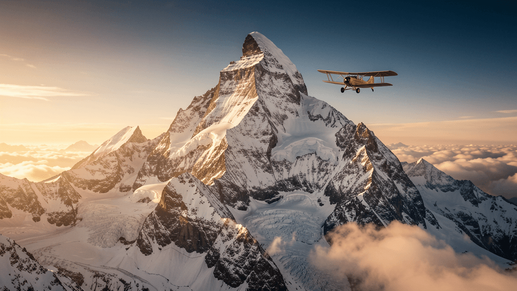A vintage propeller airplane flying over a snowy mountain peak